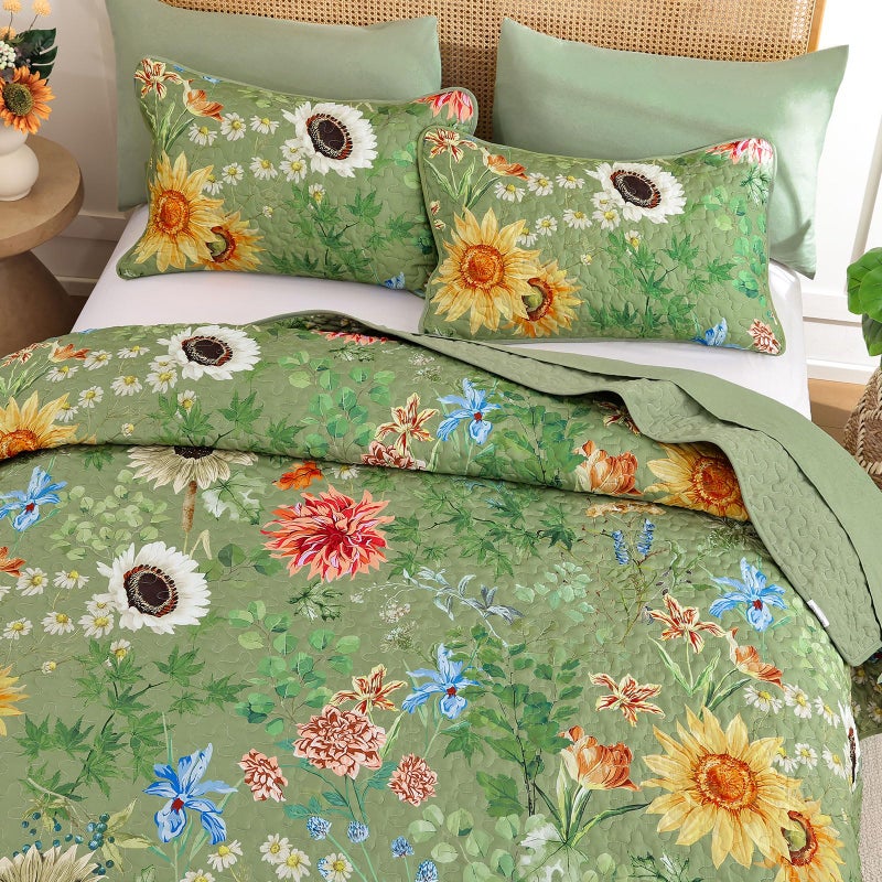 Yiran Floral King Size Quilt, Green Floral Bedspreads Bedding Set, 3 Pieces Botanical Spring Summer Soft Lightweight Coverlet with 2 Pillow Shams for All Season 106x90 Inch - Image 3