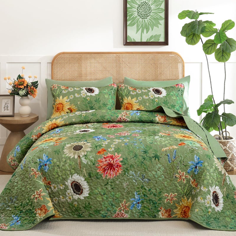 Yiran Floral King Size Quilt, Green Floral Bedspreads Bedding Set, 3 Pieces Botanical Spring Summer Soft Lightweight Coverlet with 2 Pillow Shams for All Season 106x90 Inch - Image 1