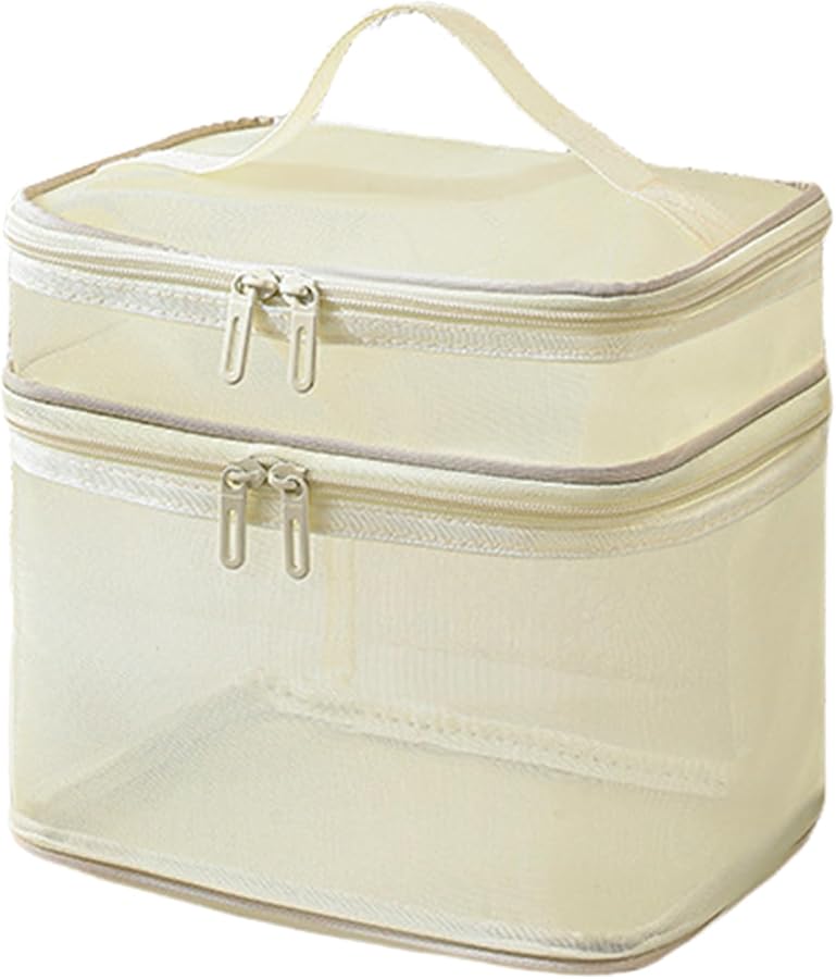 Light Yellow Mesh Toiletry Bag Large Capacity Cosmetic Organizer Travel Storage Makeup - Image 1