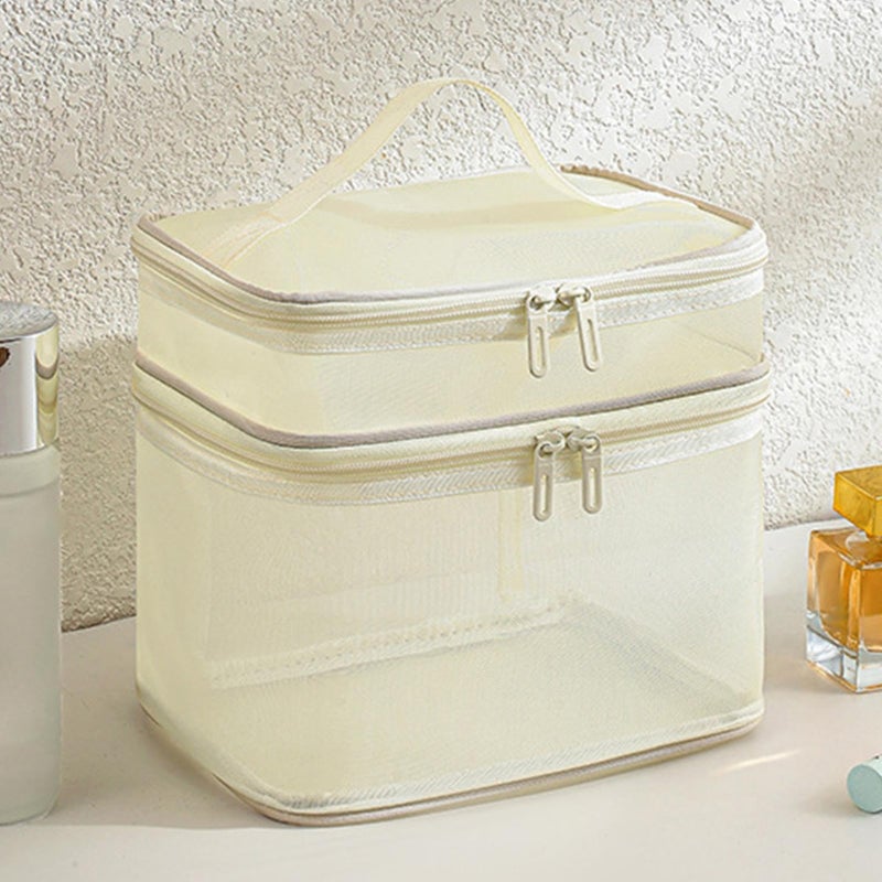 Light Yellow Mesh Toiletry Bag Large Capacity Cosmetic Organizer Travel Storage Makeup - Image 4