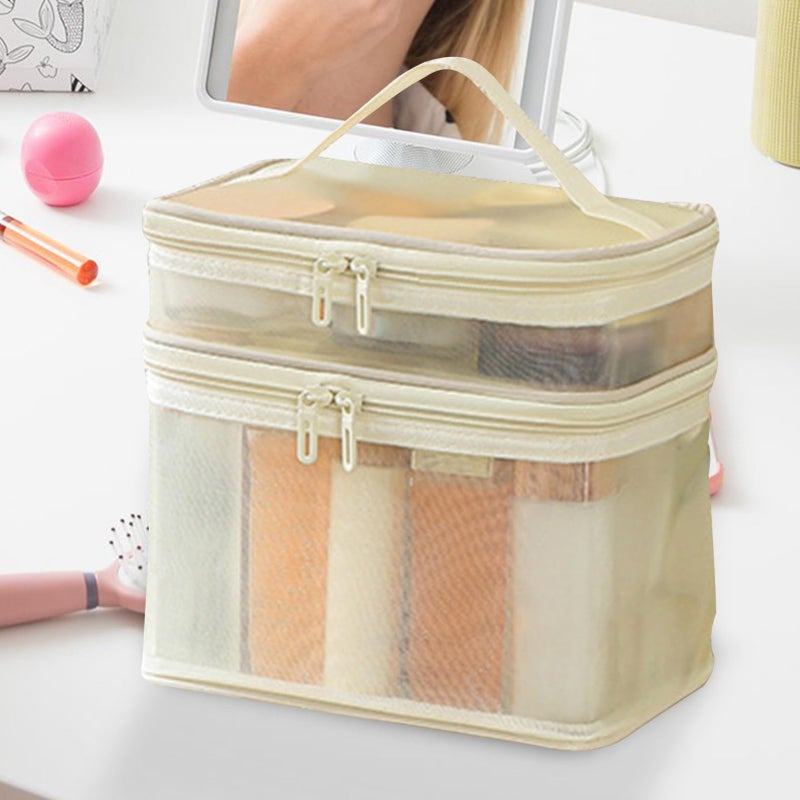 Light Yellow Mesh Toiletry Bag Large Capacity Cosmetic Organizer Travel Storage Makeup - Image 5
