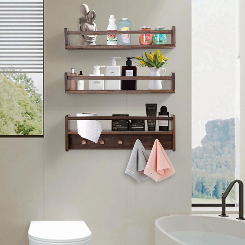 AZSKY 16 Inch Nursery Book Shelves Wall Floating Bookshelf with Hook Deep Walnut Hanging Book Shelf Toddler Room for Kids Room Bedroom Bathroom Living Room Kitchen Set of 3 - Image 5