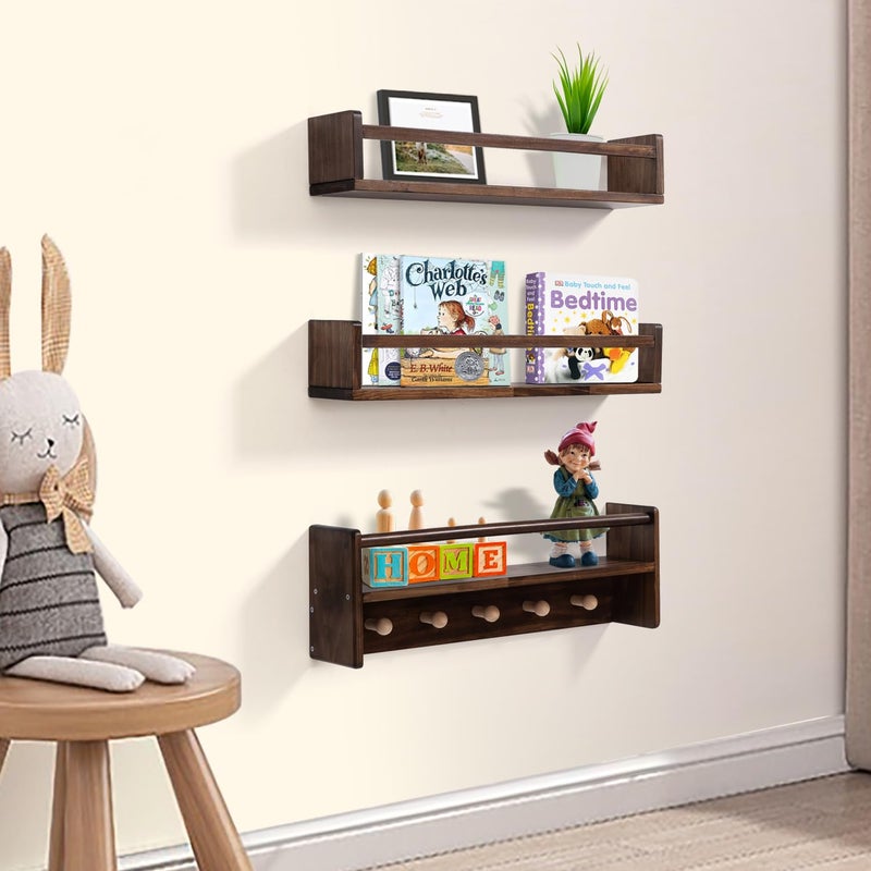 AZSKY 16 Inch Nursery Book Shelves Wall Floating Bookshelf with Hook Deep Walnut Hanging Book Shelf Toddler Room for Kids Room Bedroom Bathroom Living Room Kitchen Set of 3 - Image 2