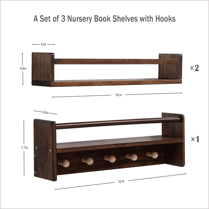 AZSKY 16 Inch Nursery Book Shelves Wall Floating Bookshelf with Hook Deep Walnut Hanging Book Shelf Toddler Room for Kids Room Bedroom Bathroom Living Room Kitchen Set of 3 - Image 3