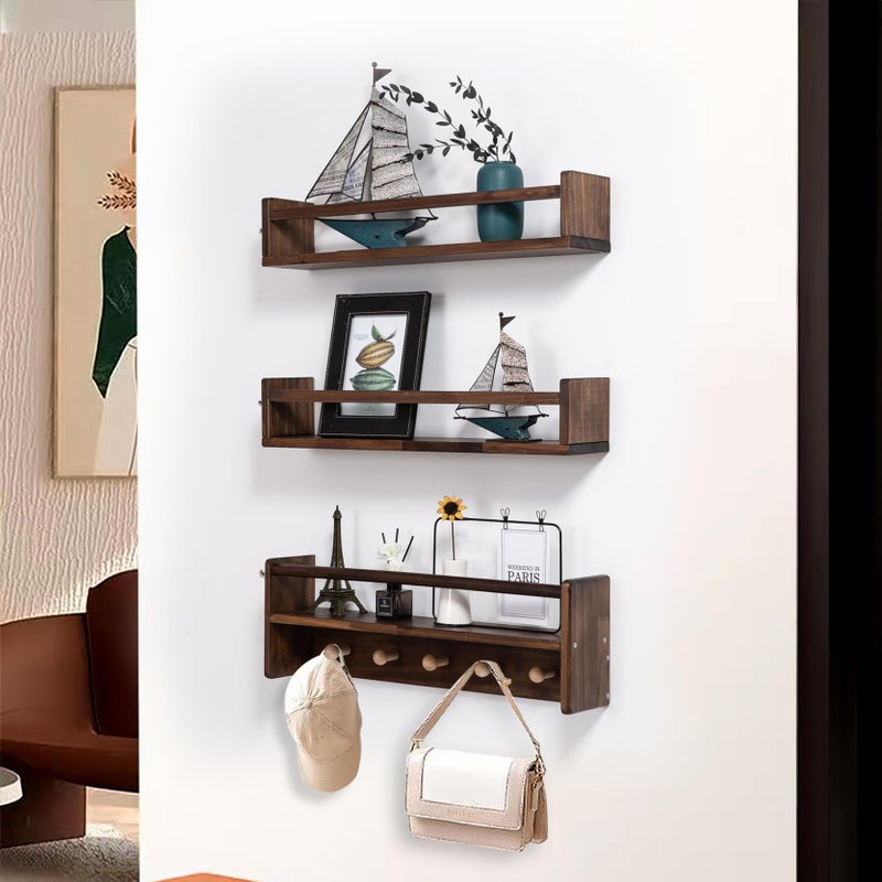 AZSKY 16 Inch Nursery Book Shelves Wall Floating Bookshelf with Hook Deep Walnut Hanging Book Shelf Toddler Room for Kids Room Bedroom Bathroom Living Room Kitchen Set of 3 - Image 4