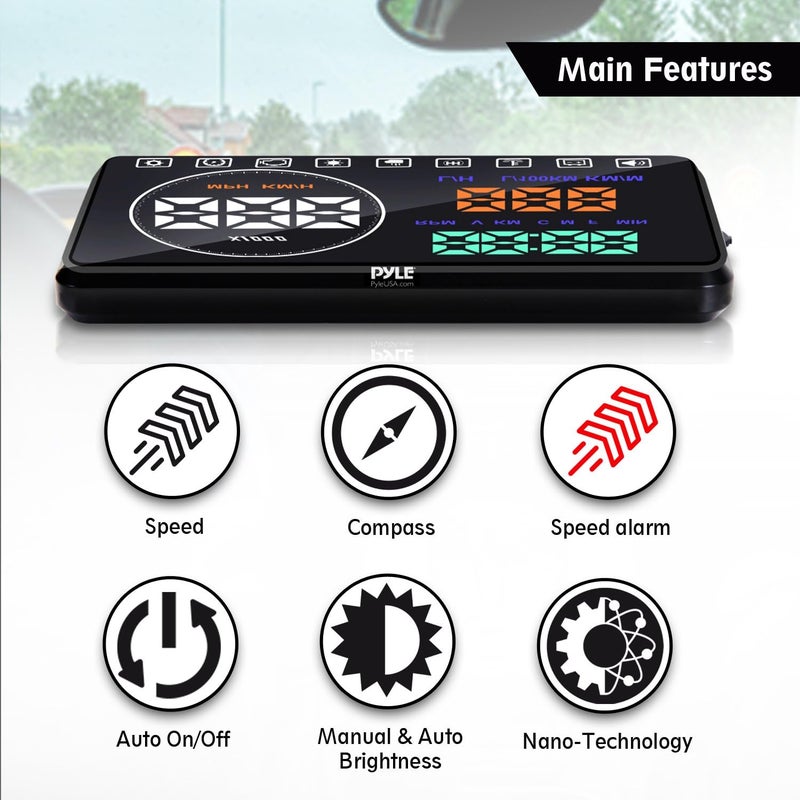 Pyle Heads Up Display HUD Screen - Universal 5.5’’ Car Head-Up Windshield Monitor Screen Projector, Vehicle Speed and Diagnostic Monitor System, Plug and Play, Water Temp, Voltage, Fuel Indicator - Image 5