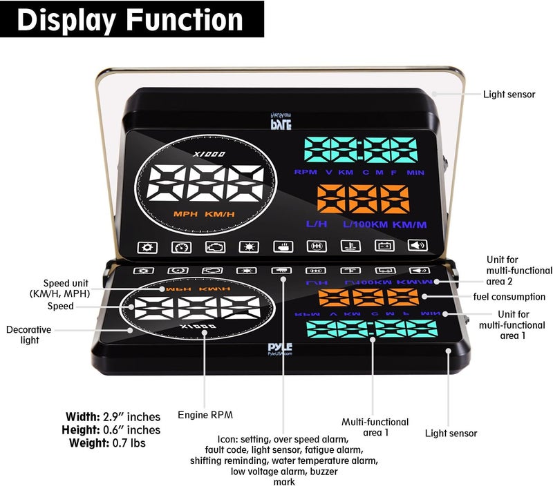 Pyle Heads Up Display HUD Screen - Universal 5.5’’ Car Head-Up Windshield Monitor Screen Projector, Vehicle Speed and Diagnostic Monitor System, Plug and Play, Water Temp, Voltage, Fuel Indicator - Image 3
