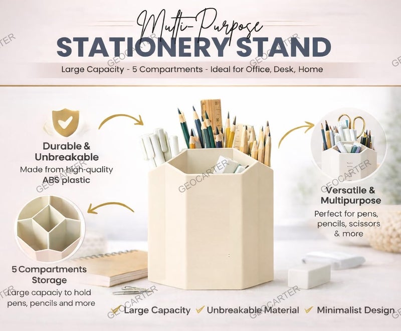 GEOCARTER Aesthetic Pen Holder for Desk Cute Stationery Organizer for Study Table, Kids & Office Desk Pencil Holder Strong & Unbreakable Design Large size Pen Stand– Beige - Image 2