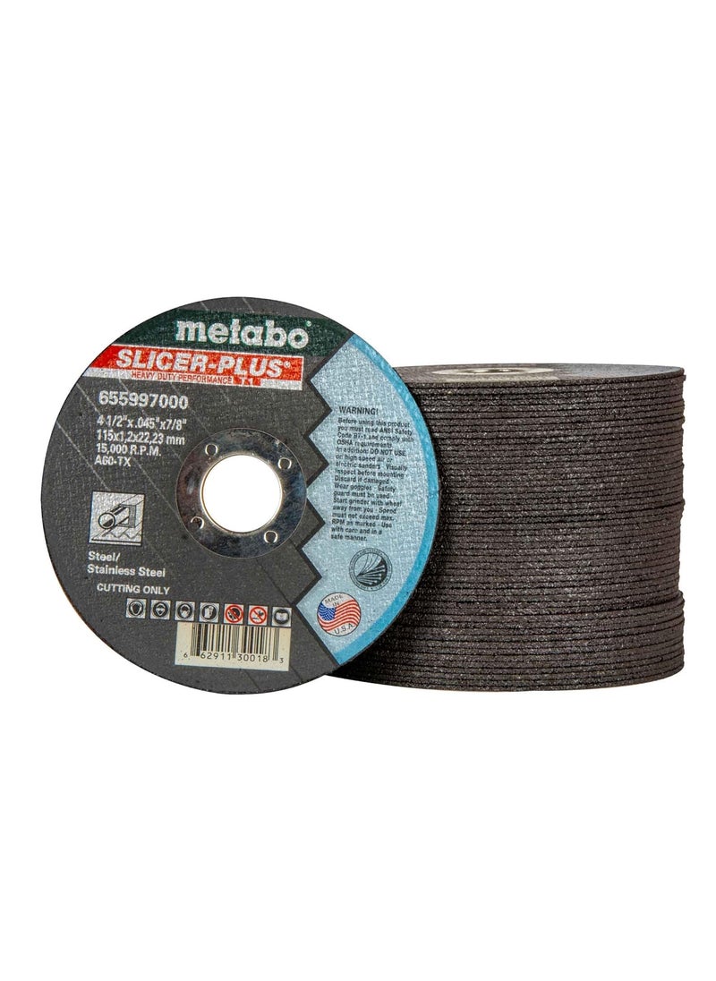 Metabo Metabo 655997000 50Pack  412inch Slicer Plus Cutting Wheel  Type 1  45 x 045 x 78  A60TX  Zirconia Alumina  Super Performance  Improved Performance in Steel Stainless Steel  - Image 1