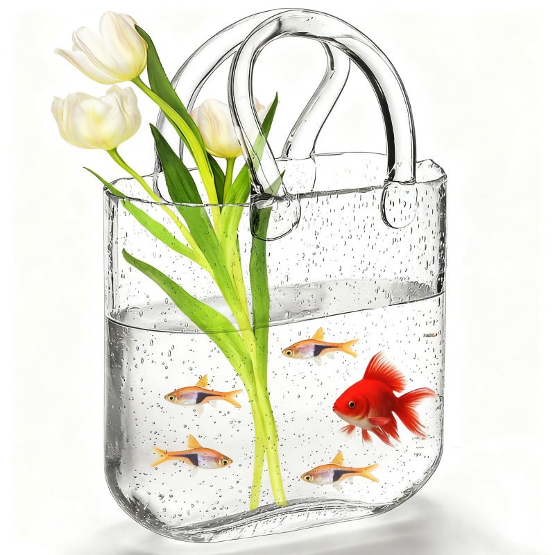 Noamus Purse Vase for Flowers Unique Clear Glass Bag Vases with Handle Handbag Shape Flower Vase Fish Bowl Wide Mouth Bubble Vases for Wedding Birthday Centerpieces Home Garden DecorTransparent