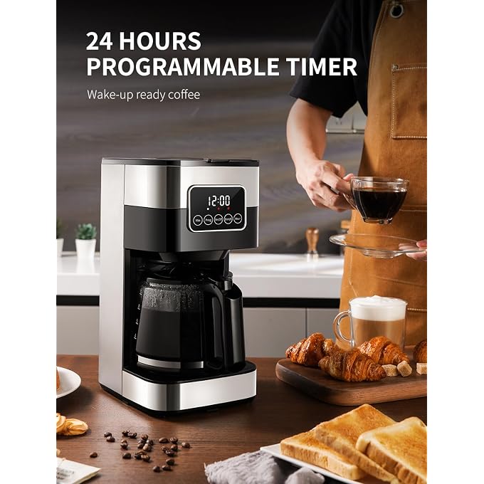 SHARDOR 10-Cup Programmable Coffee Maker, Regular & Strong Brew Drip Coffee Machine for Home and Office, Auto Shut Off, Permanent Filter, Silver - Image 3