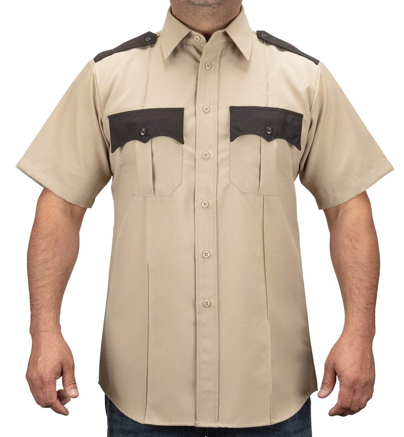 First Class 100% Polyester Two Tone Men's Uniform Shirt (US, Alpha, Large, Regular, Regular, Tan & Brown) - Image 1