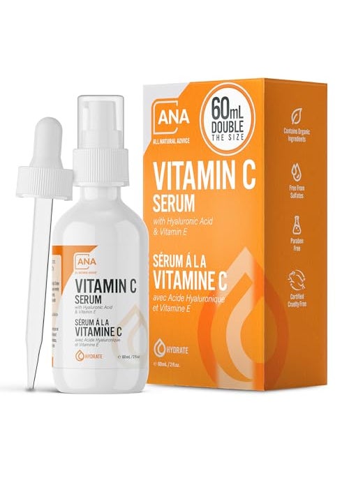 All Natural Advice - All Natural Advice Vitamin C Serum 60mL | 20% Vitamin C Face Serum Solution with Organic Botanicals, Hyaluronic Acid & Vitamin E | UV-Shielding Glass Bottle, Spray & Dropper | Canadian Skin Care - Image 1