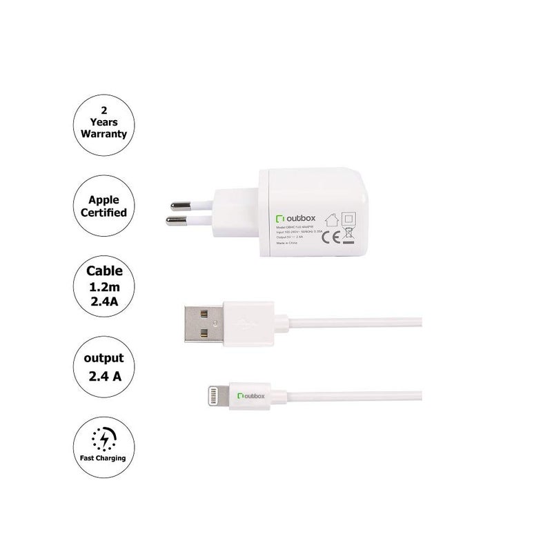 Outbox Charger with Lightning Cable for Apple Mobile Phones, 2.4 A, 1.2 Meters - White - Image 1