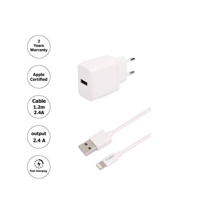 Outbox Charger with Lightning Cable for Apple Mobile Phones, 2.4 A, 1.2 Meters - White - Image 2