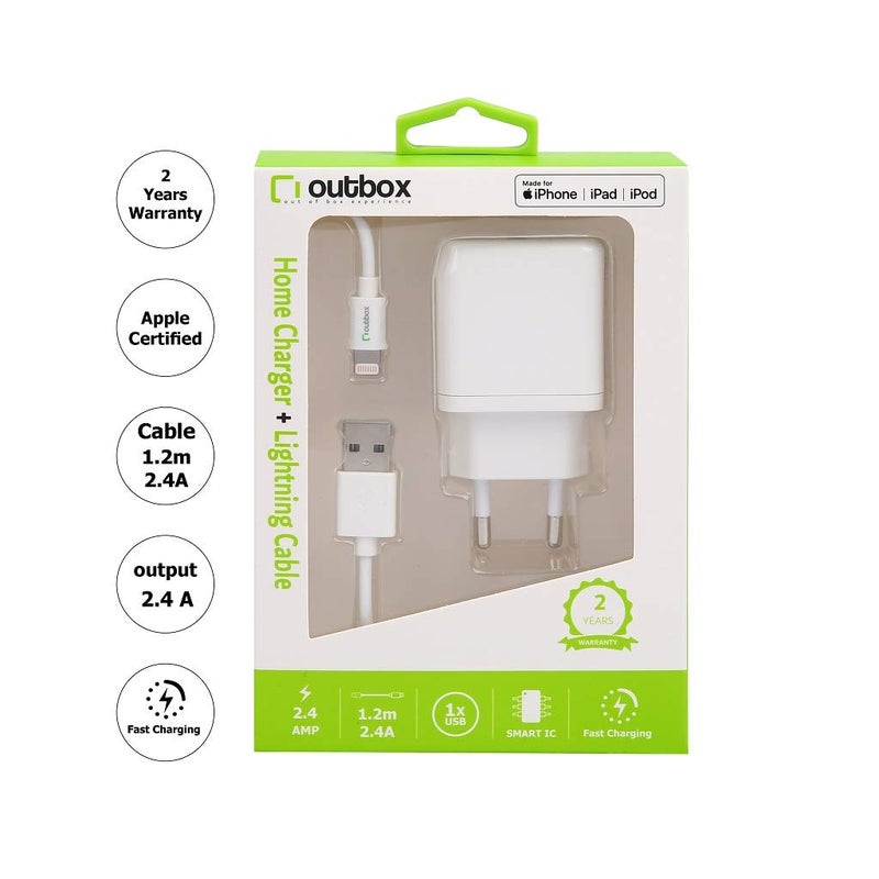 Outbox Charger with Lightning Cable for Apple Mobile Phones, 2.4 A, 1.2 Meters - White - Image 3