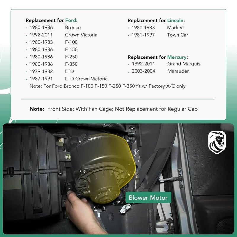 YHTAUTO مجموعة محرك مروحة HVAC من YHTAUTO لسيارات فورد F-100 وF-150 وF-250 وF-350 وكراون فيكتوريا وبرونكو ولينكولن تاون كار وميركوري غراند ماركيز - Image 2