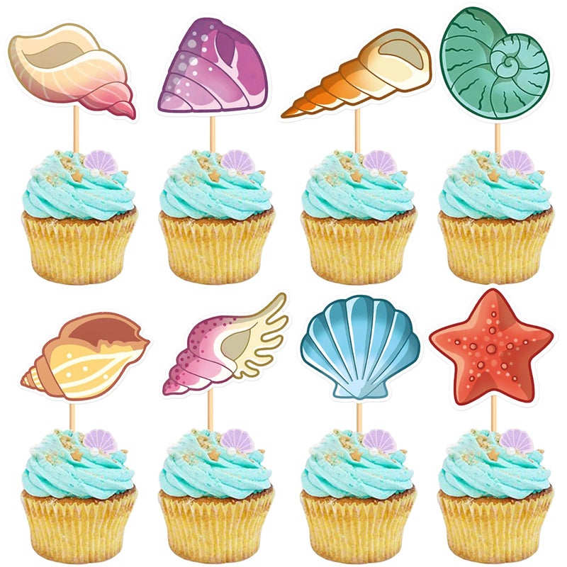 Ercadio 24Pcs Conch Cupcake Toppers Under the Conch Series Combination Cupcake Picks Various Colored Conch Cupcake Decorations for Under the Sea Theme Baby Shower Birthday Party Supplies Conch - Image 1