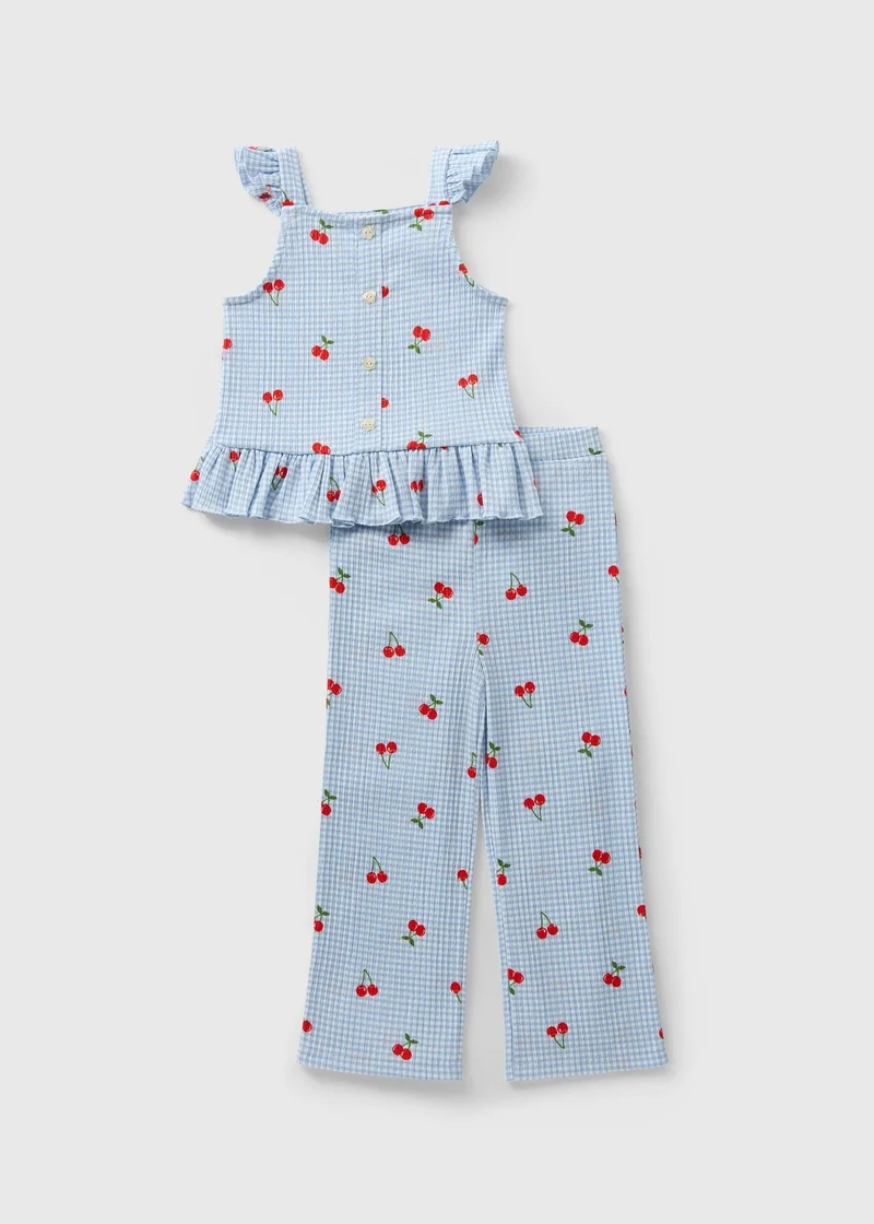 Matalan Girls Blue Crinkle Cherry Top & Trousers Set