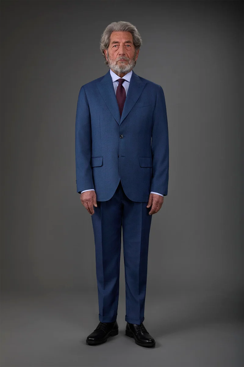 دوبل غانغر Single-breasted men's suit with single-pleat trousers in Prince of Wales check fabric - Denim