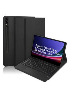 انفوسن متوافق مع حافظة لوحة مفاتيح سامسونج جالاكسي تاب S7Plus/S7FE/S7FE/S8Plus/S9Plus/S9FEplus 12.4 بوصة لوحة مفاتيح عالمية قابلة للفصل مغناطيسيًا ولاسلكيًا باللغة العربية مع غطاء حماية بفتحة قلم - أسود  - Image 1