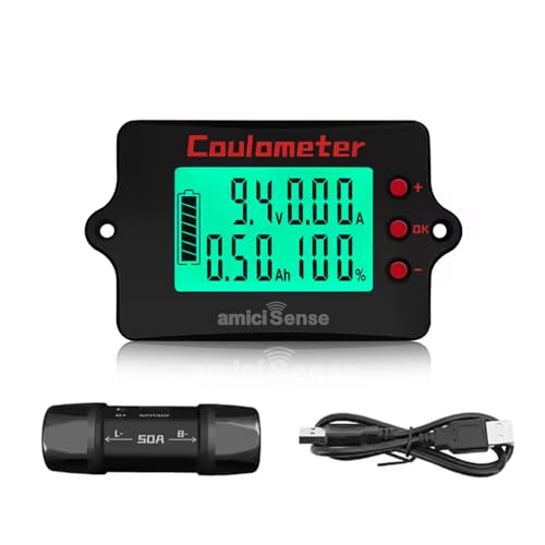 amiciSense Coulomb Counter Meter 8-120V 50A – True Battery Capacity Meter with Bi-Directional Detection, Voltage/Current/Ah Display, Splash-Proof Panel – Compatible with Lithium, Lead-Acid & More - Image 1