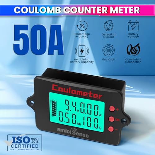 amiciSense Coulomb Counter Meter 8-120V 50A – True Battery Capacity Meter with Bi-Directional Detection, Voltage/Current/Ah Display, Splash-Proof Panel – Compatible with Lithium, Lead-Acid & More - Image 2