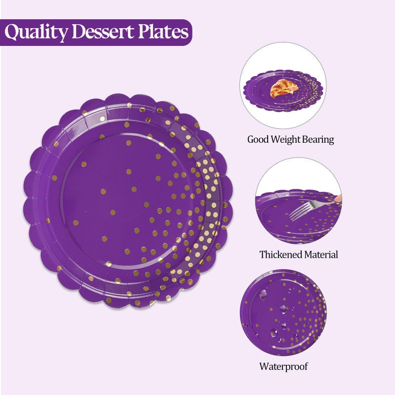 HFBOBP 50Pcs Purple Paper Plates And Napkins Set - Purple And Gold Dot Party Plates Disposable Party Tableware Dinnerware Set Party'S Supplies Decorations For Birthdays  Baby Shower  Weddings And Holidays - Image 4