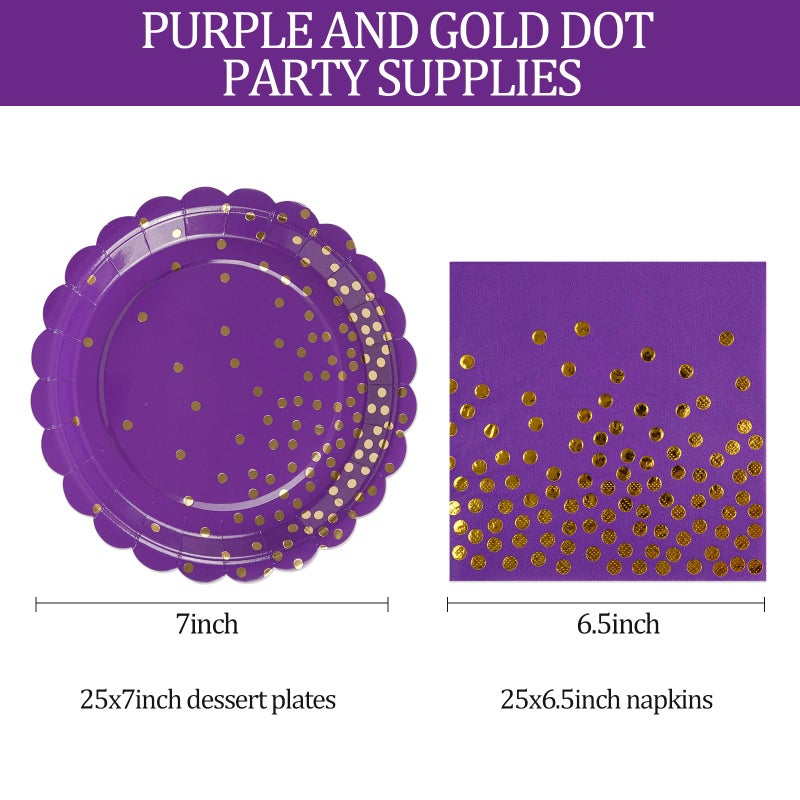 HFBOBP 50Pcs Purple Paper Plates And Napkins Set - Purple And Gold Dot Party Plates Disposable Party Tableware Dinnerware Set Party'S Supplies Decorations For Birthdays  Baby Shower  Weddings And Holidays - Image 3