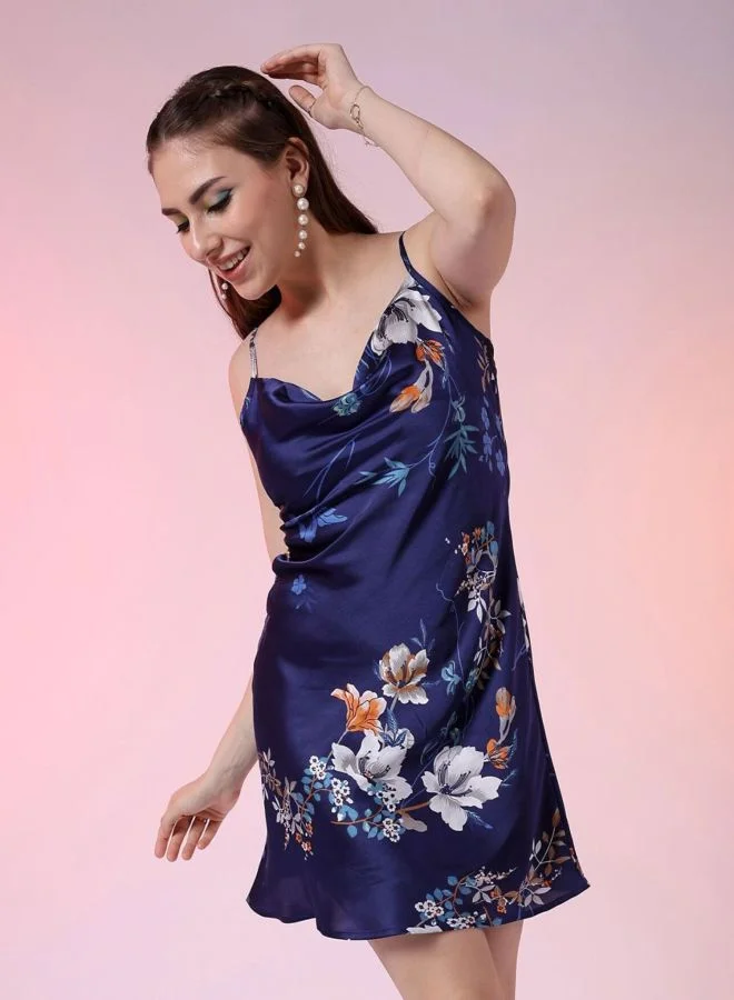 Women Fit and Flared Floral Printed Cowl Neck Sleeveless Dress