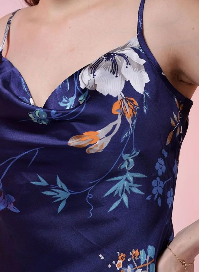 Freehand Women Fit and Flared Floral Printed Cowl Neck Sleeveless Dress