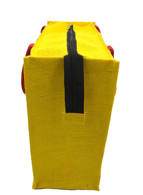 JUTEKA Unisex-Adult Red And Yellow Leave Printed Jute Bag For Lunch, Office, Grocery, Picnic, Tiffin, Shopping Hand Bag With Padded Cotton Handles - Image 4