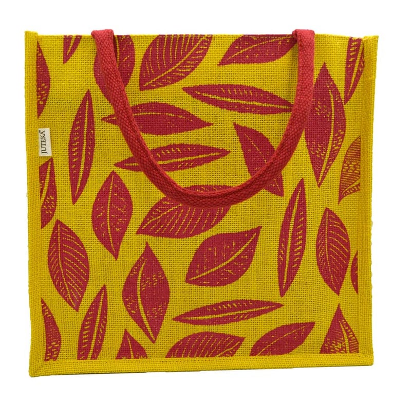 JUTEKA Unisex-Adult Red And Yellow Leave Printed Jute Bag For Lunch, Office, Grocery, Picnic, Tiffin, Shopping Hand Bag With Padded Cotton Handles - Image 5