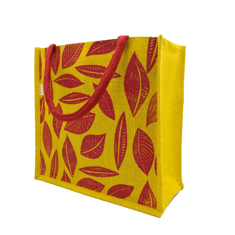 JUTEKA Unisex-Adult Red And Yellow Leave Printed Jute Bag For Lunch, Office, Grocery, Picnic, Tiffin, Shopping Hand Bag With Padded Cotton Handles - Image 1
