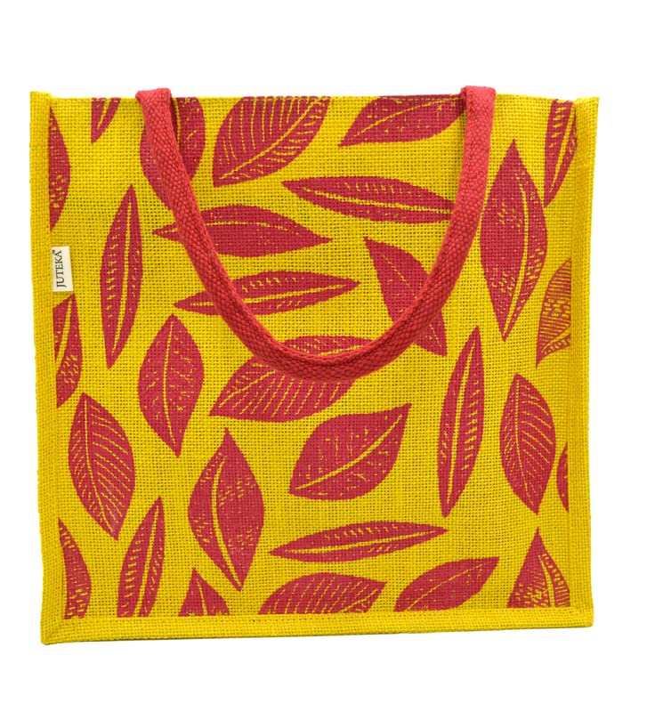 JUTEKA Unisex-Adult Red And Yellow Leave Printed Jute Bag For Lunch, Office, Grocery, Picnic, Tiffin, Shopping Hand Bag With Padded Cotton Handles - Image 2