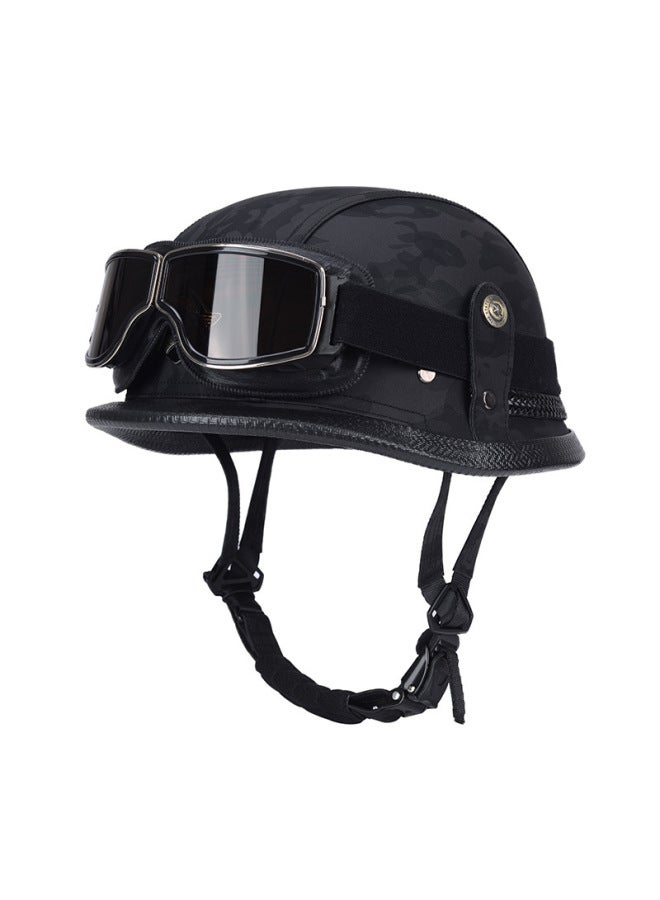 Retro German Unisex Motorcycle Half Helmet Black Camouflage with Prince Glasses