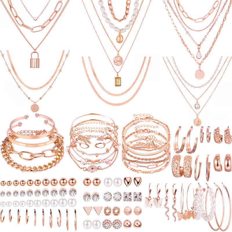 NEWITIN 69 Pieces Rose Gold Jewelry Set for Women Fashion Costume Jewelry Gold Plated Necklace Bracelet Earrings Set for Women - Image 1