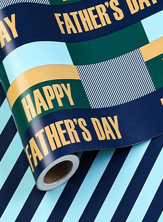 LeZakaa Father’s Day Wrapping Paper Roll, Reversible Blue Stripe & Happy Fathers Day Design Gift Wrap for Dad, Husband, Grandpa, Mini Roll 17 In x 16.4 Ft - Image 1