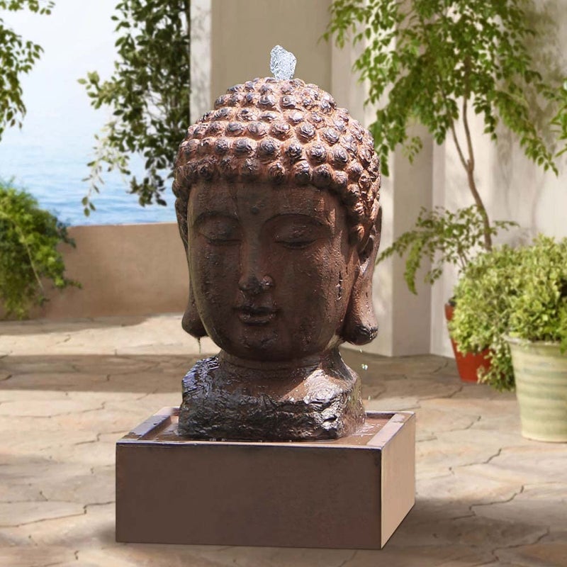 SAC SMARTEN ARTS Buddha Water Fountain Outdoor Indoor Zen Statue Decor Large Fiberglass Decorative Fountains in Rock Color 24 Height 