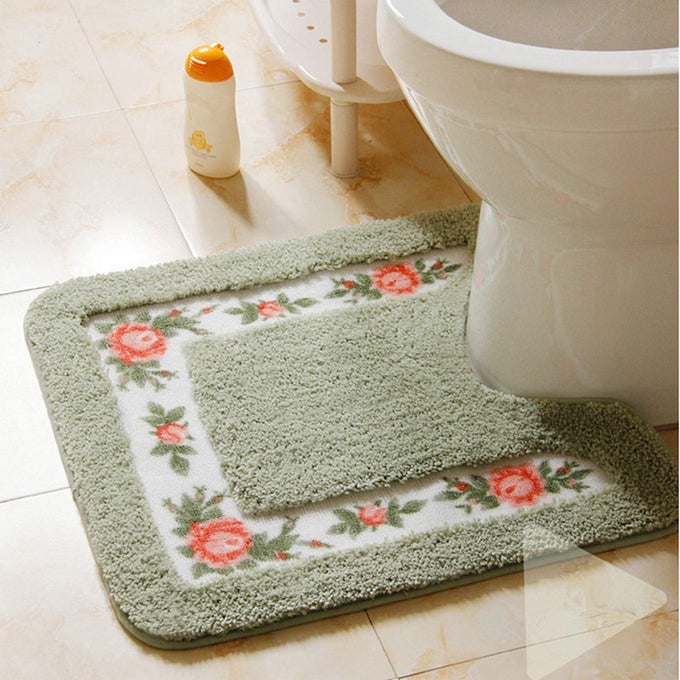 LUXURIOUS SOFT FLORAL NONSLIP TOILET CONTOUR RUG CONTOUR BATH RUG SOFT SHAGGY USHAPED TOILET FLOOR MAT FOR BATHROOM 20BY20 INCH GREEN
