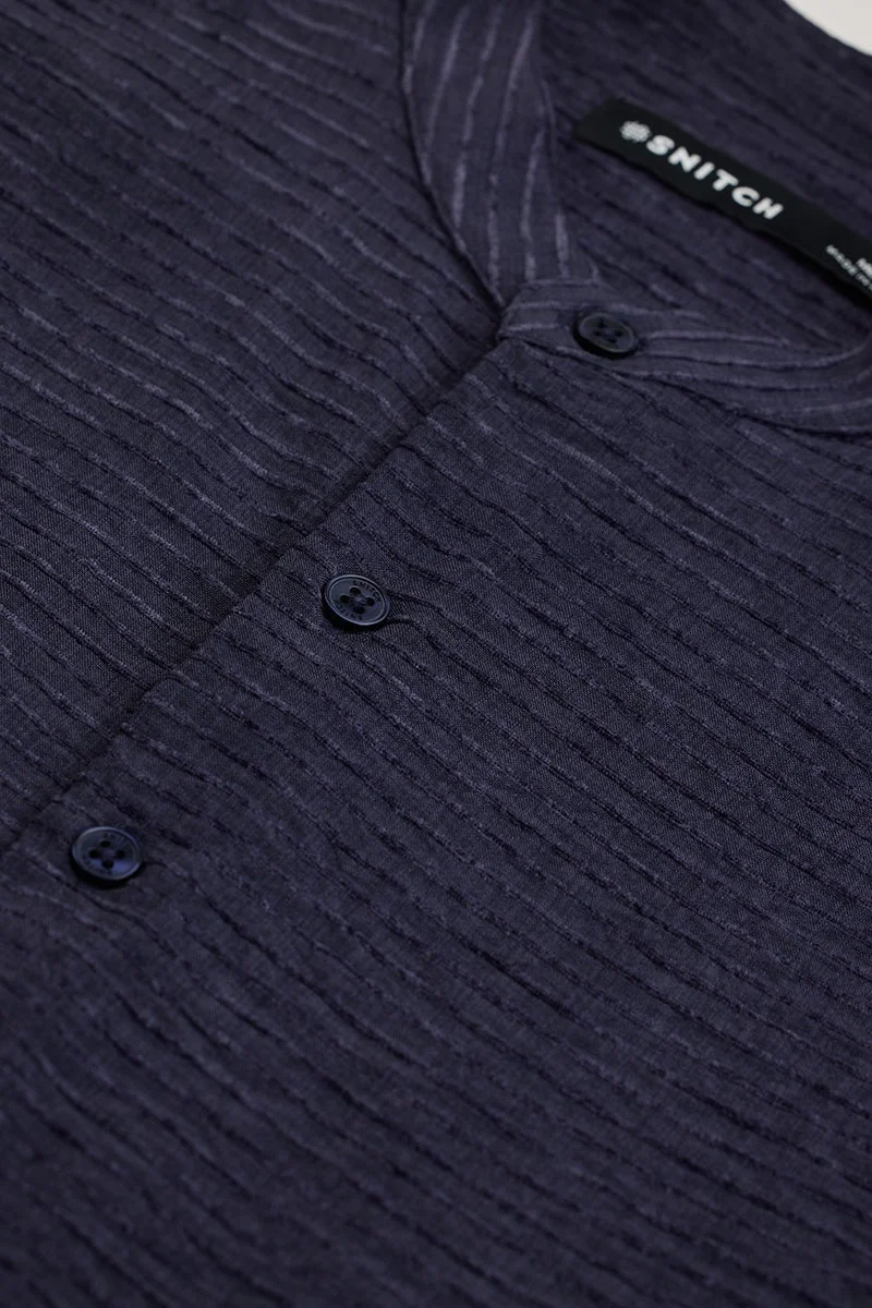سنيتش Navy Textured Long Sleeve Slim Fit Shirt