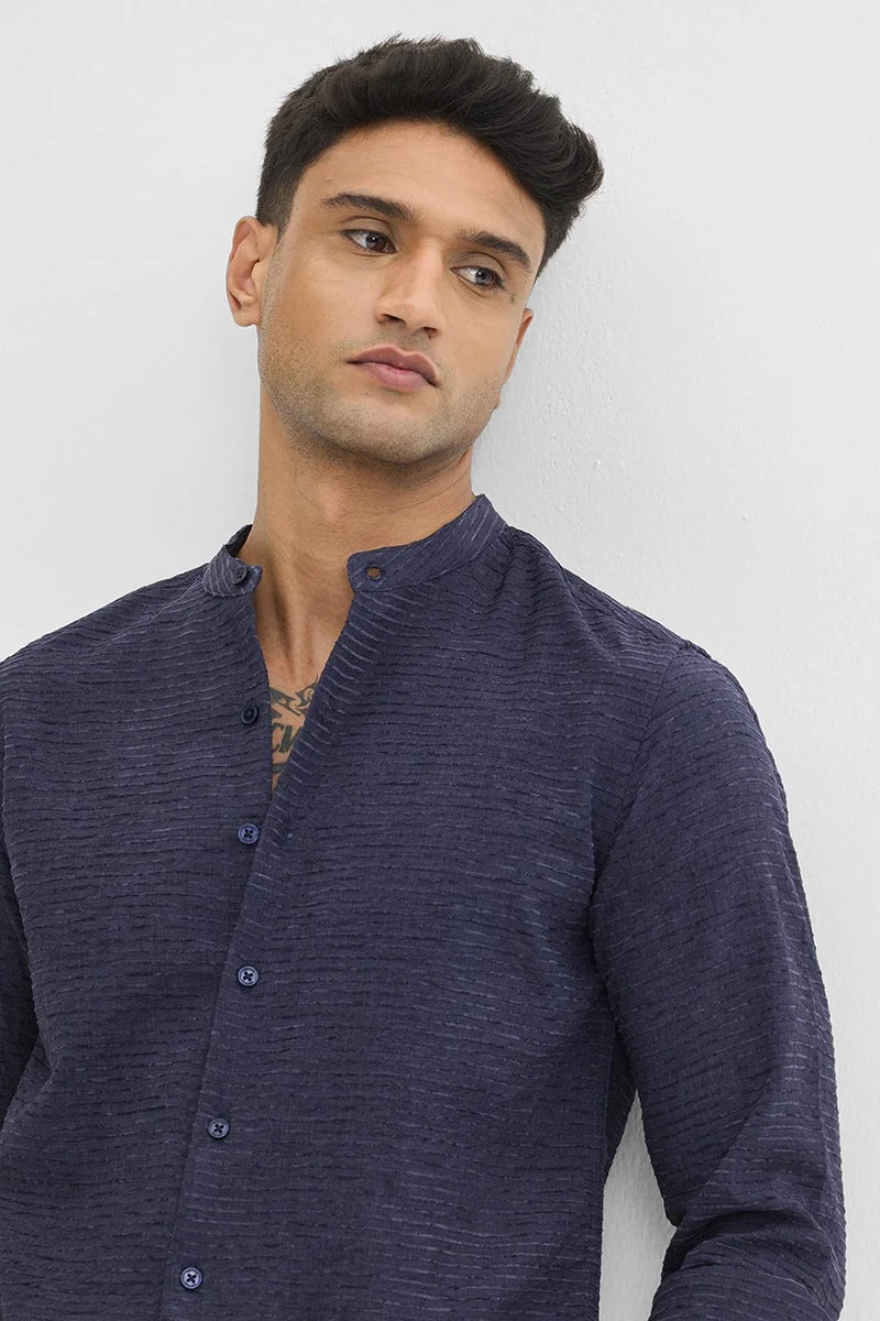 سنيتش Navy Textured Long Sleeve Slim Fit Shirt