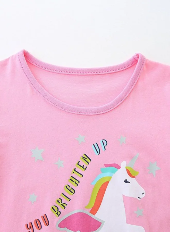 يونيكي Pink Crew Neck Short Sleeve Printed Tshirt & Shorts