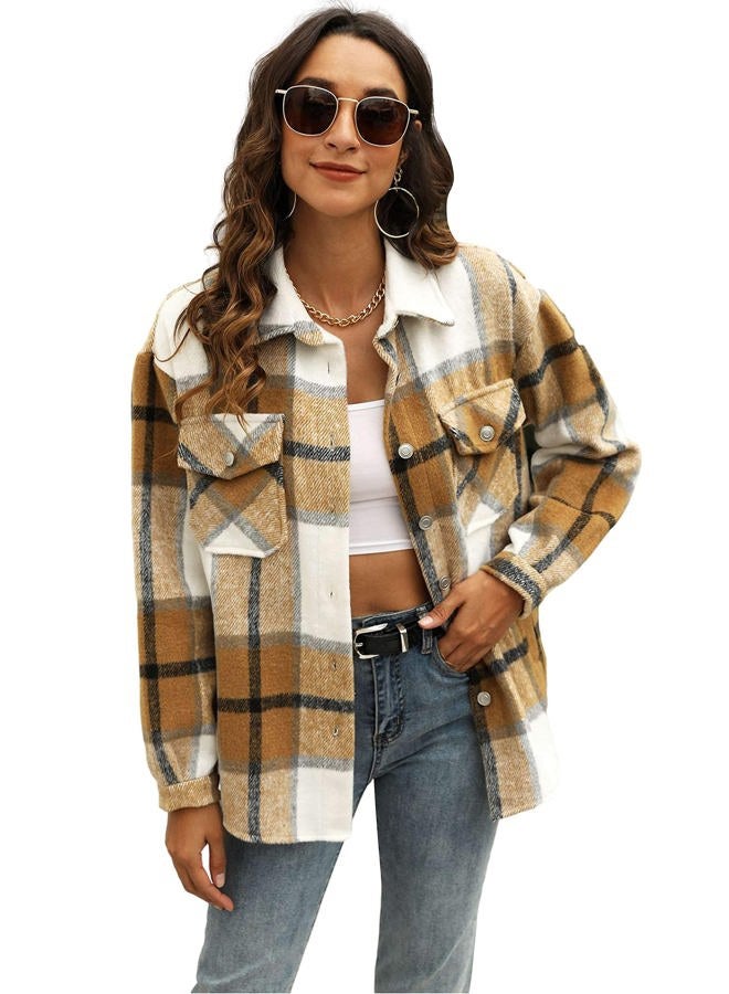 UANEO Womens Plaid Shacket Button Down Wool Blend Fall Flannel Shirt Jacket (Khaki-M) - Image 1