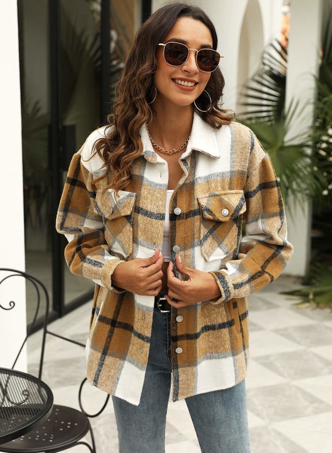 UANEO Womens Plaid Shacket Button Down Wool Blend Fall Flannel Shirt Jacket (Khaki-M) - Image 3