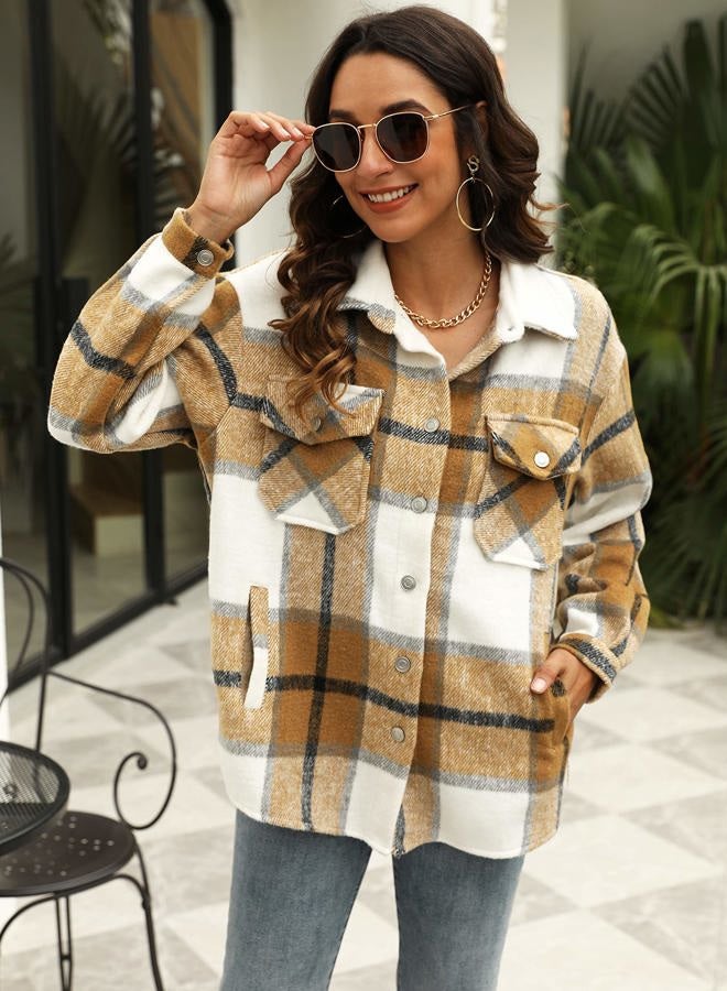 UANEO Womens Plaid Shacket Button Down Wool Blend Fall Flannel Shirt Jacket (Khaki-M) - Image 4
