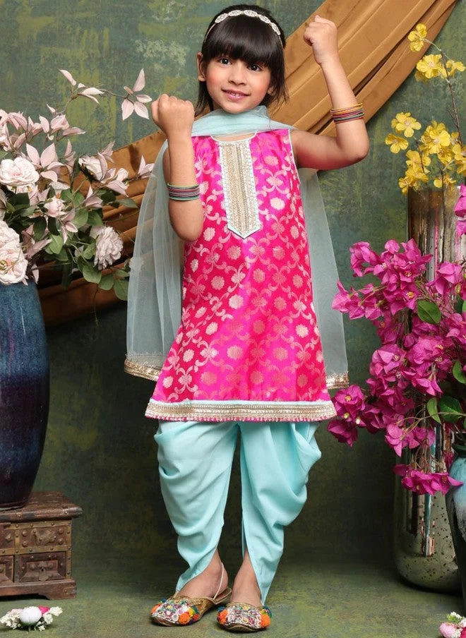 Saka Designs Floral Art Silk Kurta Dhoti Pants Set for Girls