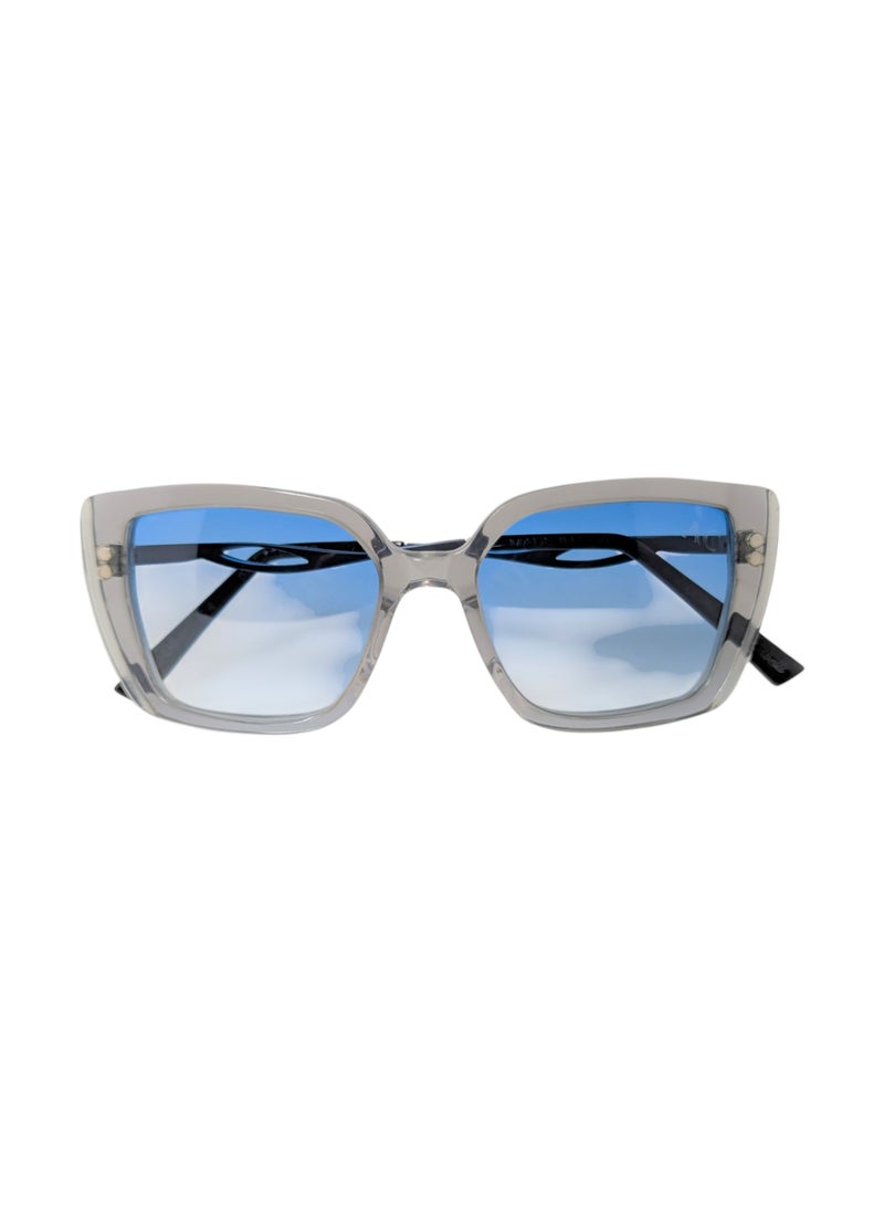 Armando Cavelli - Authentic Armando Cavelli sunglasses, crafted from carefully selected premium acetate for a luxurious look and longevity with extensive use. This model combines modernity and classic style, with a raw light grey transparent acetate front and mat blue -plated metal temples to complete your luxury look. Comes with premium polymer lenses offer UV400 protection in a gradient sky blue. - Image 1