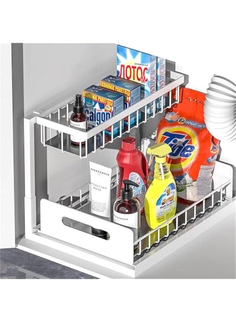Under Sink Organizer, Pull Out Cabinet Organizer 2 Tier Slide Out Sink Shelf Cabinet Storage Shelves, Under Sink Storage for Kitchen Bathroom Cabinet (White)