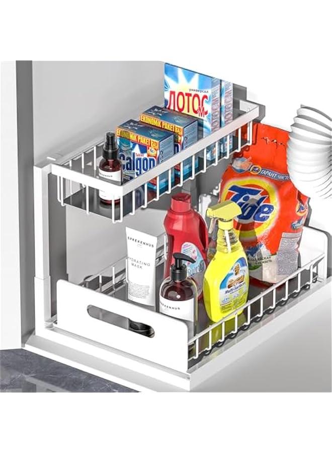 هوكور منظم تحت الحوض من تراسل، منظم خزانة قابل للسحب من طبقتين، ارفف تخزين تحت الحوض للمطبخ والحمام (ابيض)، ستانلس ستيل - Image 1